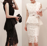 韩国代购2015春夏装新款无袖OL蕾丝套装两件套高腰裙中长裙连衣裙