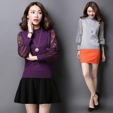 2016春秋新款灯笼袖半高领针织衫女式韩版短款打底衫大码纱袖毛衣