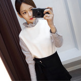 韩国SZ新款韩版长袖宽松条纹拼接假两件荷叶领衬衣学院风衬衫女