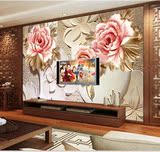 3D立体浮雕牡丹壁画中式欧式客厅电视沙发背景壁纸壁画无纺布