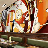 定制 大型壁画后现代手绘抽象披萨pizza艺术壁纸休闲咖啡餐厅背景