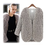 2015欧美时尚羊羔毛保暖开衫圈圈毛大衣中长款仿皮草毛毛外套女冬
