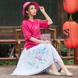 素雅伶俐柠檬中国风女装春夏装新款民族风复古印花两层棉麻半身裙