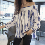 2016夏季新款韩版显瘦一字领性感露肩长袖蓝白条纹衬衫上衣女韩国