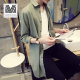 秋季男士亚麻长袖衬衫 韩版中长款寸衫修身青年纯色衬衣 男潮衣服