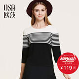 OSA欧莎2016春季新款女装 薄款针织衫黑白条纹七分袖毛衫女A14017