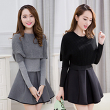 春季新款韩版外贸服装大码女装鹦鹉长袖毛衣针织两件套装连衣裙子