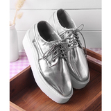 欧美复古潮2015银色漆皮厚底韩版英伦风松糕坡跟运动休闲百搭女鞋