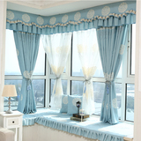 韩式蓝色简约地中海小清新绣花布定制卧室客厅落地窗飘窗成品窗帘