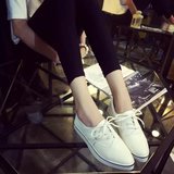 2016韩版女鞋秋季系带尖头平底鞋方跟女鞋时尚小白鞋休闲鞋女单鞋