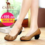 Camel骆驼女鞋 新款舒适休闲单鞋羊皮圆头浅口粗跟高跟单鞋