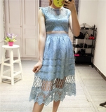 2016夏季新款女装韩版圆领修身蕾丝无袖连衣裙中长款高腰镂空裙子