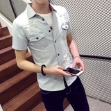 牛仔衬衫男短袖夏季韩版修身型学生大码衬衣男青年牛仔衣外套男
