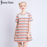 jessy line2016春装新款 杰茜莱条纹显瘦网纱拼接镂空短袖连衣裙