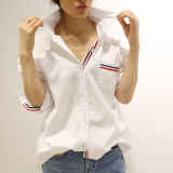 现货hellonini韩国代购女装2016秋装新款休闲宽松条纹边长袖衬衫