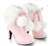 特价2015冬季新款毛毛短靴 粉色女鞋 翻口系带毛球高跟女靴马丁靴