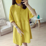 2016夏季新款韩国立领棉麻纯色蝙蝠袖连衣裙女学生宽松显瘦娃娃衫