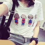 夏装新款韩版女装短袖T恤大码卡通条纹小衫 半袖学生休闲闺蜜体恤