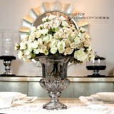 欧式新古典圆口玻璃花瓶摆件整体仿真花艺套餐客厅餐桌装饰品摆设