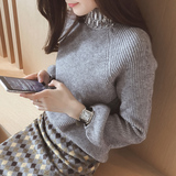 韩版新款套头衫镶钻半高领毛衣打底衫女冬灯笼袖短款显瘦针织衫潮