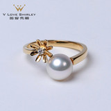薇爱秀丽【忆菊】日本AKOYA海水珍珠戒指正圆强光18K黄金钻石开口