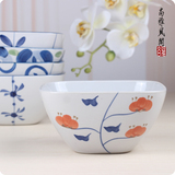 日本陶瓷餐具 日式和风青花系列米饭碗 四方碗 拉面碗 凉菜碗手绘