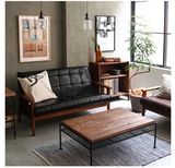 日式小户型咖啡厅实木沙发椅复古皮艺沙发单人双人三人