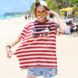 夏装新款韩版女装莫代尔卡通印花大码宽松中长款红白条纹短袖t恤