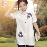 休闲印花白色衬衫中长款短袖女装夏装2016新款韩版雪纺宽松衬衣潮