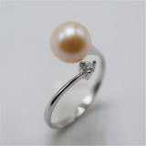 正圆强光天然淡水珍珠戒指女 925纯银时尚简约开口可调节大小戒子
