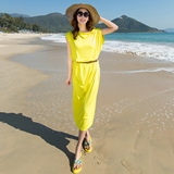 2016露肩纯色连衣裙波西米亚中长裙海滩夏天海边度假沙滩裙子显瘦