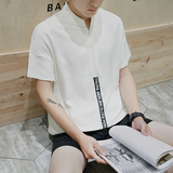 夏季日系宽松亚麻短袖T恤男士加肥加大码韩版潮棉麻中袖立领男装