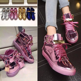 欧洲站秋明星高帮板鞋粉紫色金属锁头鞋平底女鞋系带休闲运动潮鞋