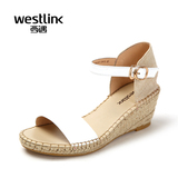 Westlink/西遇2016夏季新款 头层牛皮草编一字带坡跟露趾女凉鞋潮