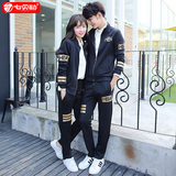 七贝勒春装新款韩版修身情侣装套装时尚运动休闲男女情侣夹克套装