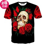 3dt恤恶搞男 夏季创意3D玫瑰花骷髅头立体图案印花 男士短袖T恤潮
