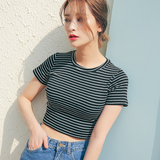 2016夏新韩版修身黑白条纹纯棉露脐短袖T恤女短款紧身打底衫体恤