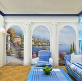 地中海风格壁纸 卧室客厅背景墙纸 欧式拱门油画风景 大型壁画