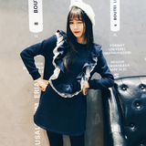冬装新款韩国原单木耳边立体加绒甜美保暖卫衣连衣裙女