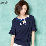 2016夏装新款大码女装韩版喇叭袖t恤短袖宽松蝙蝠衫收腰显瘦上衣