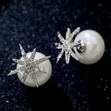 韩国时尚气质925银针耳钉八角星星人造珍珠米字两用耳环耳饰配饰