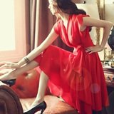 2016夏新款v领雪纺连衣裙气质修身大摆中长裙红色女装韩版连衣裙