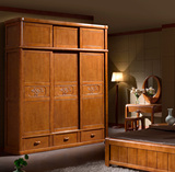 实木推拉移门衣柜 卧室橡木大衣柜 中式可加顶柜带镜大衣橱金柚色