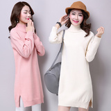 2015冬新品羊绒衫韩版显瘦半高领毛衣女套头开叉中长款打底针织衫