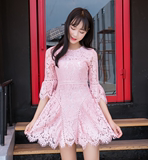2016早秋装新款女装韩版修身a字打底裙时尚七分袖粉色蕾丝连衣裙