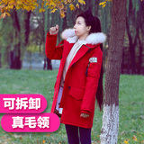 韩国加厚保暖连帽工装外套真毛领大衣大码棉衣棉服女红色新年装