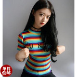 夏季新款韩版东大门洋气刺绣字母彩条纹AA款修身短袖针织衫女 3色