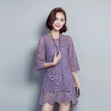 2016春季新款韩版修身中长款小衫七分袖打底衫女装镂空蕾丝连衣裙