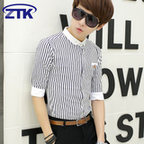 夏季条纹衬衫男短袖韩版修身男士七分袖衬衣青少年潮男装中袖寸衫