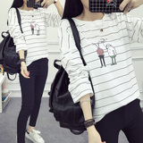 2016春秋季长袖T恤女韩版学生潮新款宽松蝙蝠袖条纹上衣打底衫薄